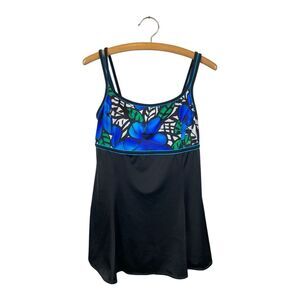 Studio Works NWT Swimsuit Dress Women’s Size 12 Black Blue Shelf Bra Floral
